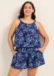 Navy Floral Keyhole Neck Flattering Pocket Curvy Women's Swimsuit One Piece Swim Romper