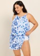 Plus Size White Blue Floral Stripe High Neck Modest Pocket Swimsuit One Piece Swim Romper
