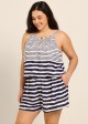 Curvy Navy Cream Ethnic Striped Keyhole Neck Vintage Pocket Women's Swimsuit One Piece Swim Romper