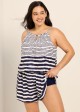 Curvy Navy Cream Ethnic Striped Keyhole Neck Vintage Pocket Women's Swimsuit One Piece Swim Romper