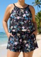 Pink Floral High Neck Vintage Pocket Curvy Women's Swimsuit One Piece Swim Romper