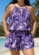 Purple Leaf High Neck Flattering Pocket Plus Size Women's Swimsuit One Piece Swim Romper