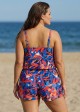 Blue And Red Tropical Leaf High Neck Pocket Plus Size Women's Swimsuit One Piece Swim Romper