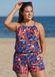 Blue And Red Tropical Leaf High Neck Pocket Plus Size Women's Swimsuit One Piece Swim Romper