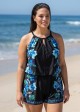 Blue Floral High Neck Vintage Pocket Curvy Women's Swimsuit One Piece Swim Romper