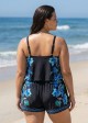 Blue Floral High Neck Vintage Pocket Curvy Women's Swimsuit One Piece Swim Romper
