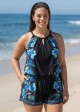 Blue Floral High Neck Vintage Pocket Curvy Women's Swimsuit One Piece Swim Romper