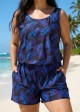 Purple Leaf Black Swimming Costume Scoop Neck Wide Straps and Pocket One Piece Swim Romper