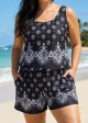 Baroque Pattern Print Vintage Wide Straps Pocket Curvy Swimsuit One Piece Swim Romper