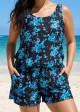 Plus Size Blue Floral Vintage Wide Straps Pocket Women's Swimsuit One Piece Swim Romper