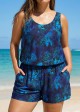 Curvy Navy Floral Vintage Wide Straps Pocket Women's Swimsuit One Piece Swim Romper