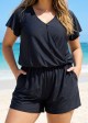 Black Short Sleeves Pocket Curvy 1 Piece Bathing Suits Romper One Piece Swimsuit