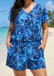 Blue Leaf V Neck Upf50+ Short Sleeves Vintage Pocket Curvy Swimsuit One Piece Swim Romper