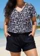 Plus Size Black Floral Upf50+ Short Sleeves Modest Pocket Swimsuit One Piece Swim Romper