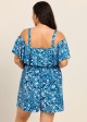 Navy Blue Floral Flattering Off Shoulder Ruffled Curvy Swimsuit One Piece Swim Romper