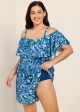 Navy Blue Floral Flattering Off Shoulder Ruffled Curvy Swimsuit One Piece Swim Romper