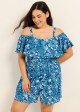 Navy Blue Floral Flattering Off Shoulder Ruffled Curvy Swimsuit One Piece Swim Romper