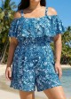 Navy Blue Floral Flattering Off Shoulder Ruffled Curvy Swimsuit One Piece Swim Romper