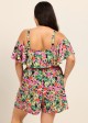 Plus Size Black Floral Flattering Off Shoulder Ruffled Swimsuit One Piece Swimdress