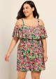 Plus Size Black Floral Flattering Off Shoulder Ruffled Swimsuit One Piece Swimdress