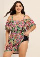 Plus Size Black Floral Flattering Off Shoulder Ruffled Swimsuit One Piece Swimdress