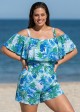 Plus Size White Leaf Flattering Off Shoulder Ruffled Women's Swimsuit One Piece Swimdress