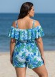 Plus Size White Leaf Flattering Off Shoulder Ruffled Women's Swimsuit One Piece Swimdress
