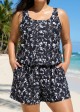 Plus Size Black White Leaf Modest Wide Straps Pocket Women's Swimsuit One Piece Swim Romper