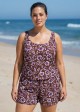 Curvy Purple Floral Scoop Neck Modest Wide Straps Pocket Swimsuit One Piece Swim Romper