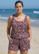 Curvy Purple Floral Scoop Neck Modest Wide Straps Pocket Swimsuit One Piece Swim Romper