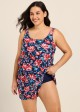 Plus Size Red Floral Scoop Neck Vintage Wide Straps Pocket Swimsuit One Piece Swim Romper