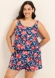 Plus Size Red Floral Scoop Neck Vintage Wide Straps Pocket Swimsuit One Piece Swim Romper