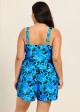 Curvy Blue Floral Scoop Neck Vintage Wide Straps Pocket Swimsuit One Piece Swim Romper