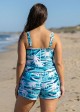 Blue And White Palm Trees Scoop Neck Wide Straps Pocket Curvy Swimsuit One Piece Swim Romper