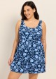 Plus Size Blue Floral Scoop Neck Modest Wide Straps Pocket Swimsuit One Piece Swim Romper