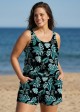 Curvy Green Tropical Leaf Print Scoop Neck Wide Straps Pocket Swimsuit One Piece Swim Romper