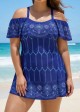 Plus Size Navy Off The Shoulder Line Flowers Women One Piece Swimdress
