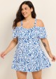 Curvy Blue Floral Print Off The Shoulder Modest Women's Swimsuit One Piece Swimdress