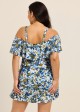 Curvy Navy Floral Off The Shoulder Flattering Women's Swimsuit One Piece Swimdress