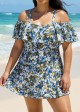 Curvy Navy Floral Off The Shoulder Flattering Women's Swimsuit One Piece Swimdress