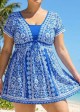 Curvy Blue And White Floral Short Sleeves Modest Padded Women's Swimsuit Swimdress Top