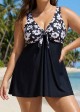 Trendy Black Floral Print Tie Front One Piece Swimsuit
