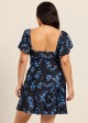 Blue Floral Print V Neck Cap Sleeves Flattering Ruffles Curvy Swimsuit Swimdress Set