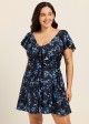 Blue Floral Print V Neck Cap Sleeves Flattering Ruffles Curvy Swimsuit Swimdress Set
