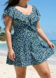 Plus Size Blue Green Floral V Neck Cap Sleeves Modest Ruffles Swimsuit Swimdress Set
