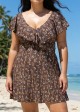 Curvy Brown Striped Floral Print V Neck Cap Sleeves Vintage Ruffles Swimsuit Swimdress Set