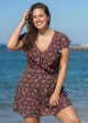 Curvy Brown Floral Dot V Neck Cap Sleeves Vintage Ruffles Women's Swimsuit Swimdress Top
