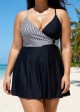 Black And White V Neck Striped Wrap One Piece Swimdress