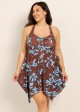 Brown Blue Tropical Leaf Modest Drawstring Asymmetrical Hem Plus Size Swimsuit One Piece Swimdress