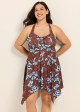 Brown Blue Tropical Leaf Modest Drawstring Asymmetrical Hem Plus Size Swimsuit One Piece Swimdress